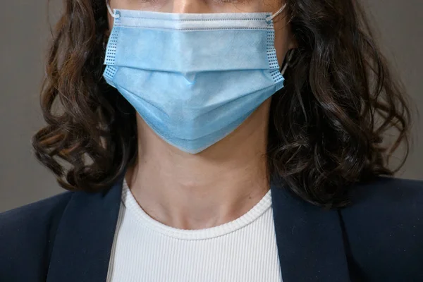 Woman Wear Blue Medical Mask Protects Spread Coronavirus Covid Disease — Stock Photo, Image