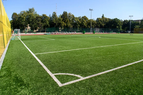 Narożnik Stadionie Piłkarskim Zajęcia Sportowe Szkole Ukraina Wysokiej Jakości Zdjęcie — Zdjęcie stockowe