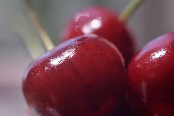 Sfondo da dolce ciliegia rossa fresca, macro immagine. Macro sfondo ciliegio con gocce d'acqua . — Foto Stock