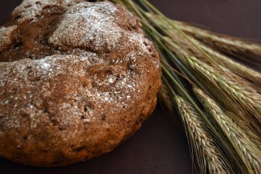 Koyu bir arka plan üzerinde ekmek ve buğday kulakları somun. Closeup