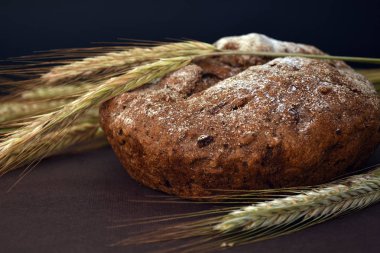 Koyu bir arka plan üzerinde ekmek ve buğday kulakları somun. Closeup
