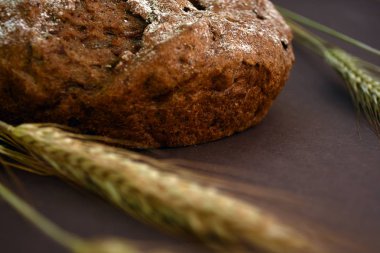 Koyu bir arka plan üzerinde ekmek ve buğday kulakları somun. Closeup