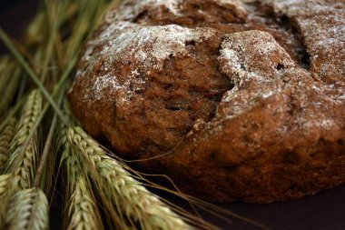 Koyu bir arka plan üzerinde ekmek ve buğday kulakları somun. Closeup