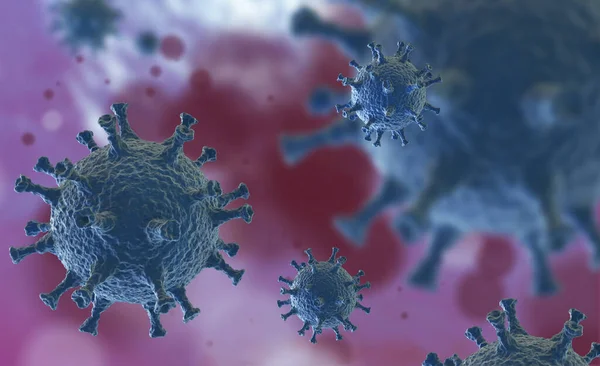 Illustration of virus cells or bacteria molecule under microscope. Abstract 3d illustration corona virus cells.Pathogen respiratory influenza. Flying Covid virus cells