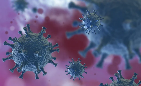 Illustration av virusceller eller bakteriemolekyl i mikroskop. Abstrakt 3D illustration corona virusceller.Patogen respiratorisk influensa. Flygande Covid-virusceller Royaltyfria Stockbilder