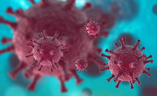 Illustration av virusceller eller bakteriemolekyl i mikroskop. Abstrakt 3D illustration corona virusceller.Patogen respiratorisk influensa. Flygande Covid-virusceller Stockbild