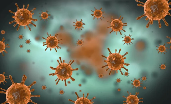 Ilustrasi sel virus atau molekul bakteri di bawah mikroskop. Ilustrasi 3d abstrak Virus corona Sel. Virus influenza pernapasan patogen. Sel virus terbang Covid — Stok Foto