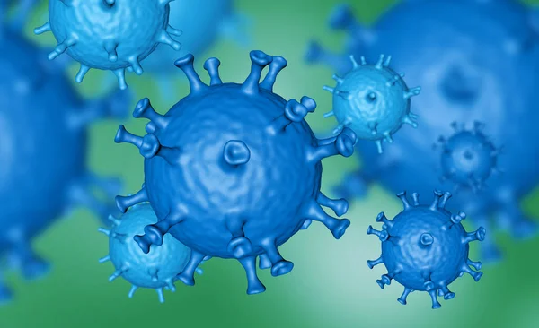Ilustración de células víricas o moléculas bacterianas bajo el microscopio. Resumen 3d ilustración células del virus de la corona. Influenza respiratoria patógena. Células virales de Covid volador — Foto de Stock