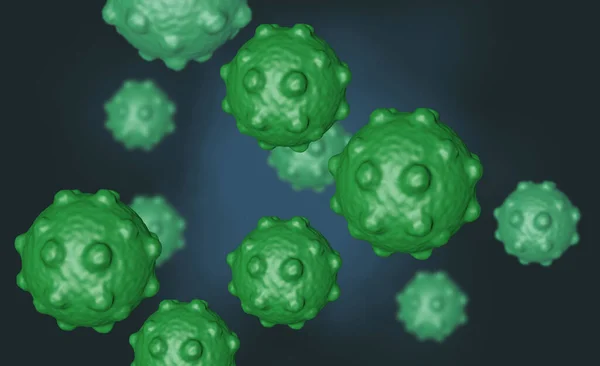 Απεικόνιση κυττάρων ιών ή μορίων βακτηρίων στο μικροσκόπιο. Αφηρημένη 3d εικόνα κύτταρα του ιού της κορόνας.Παθογόνο αναπνευστική γρίπη. Ιπτάμενα κύτταρα του ιού Covid — Φωτογραφία Αρχείου