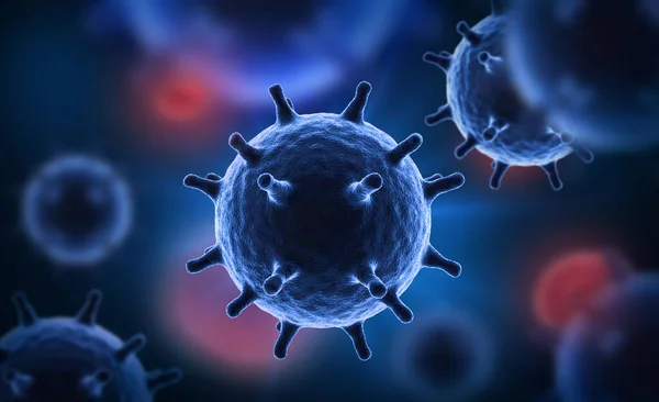 Virüs hücrelerinin ya da bakteri moleküllerinin mikroskop altında resmedilmesi. Soyut 3D illüstrasyon Corona virüs hücreleri. Patojen solunum gribi. Uçan Covid virüs hücreleri