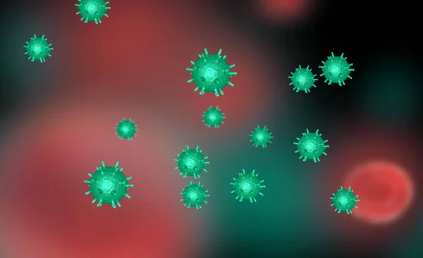 顕微鏡下でのウイルス細胞や細菌分子のイラスト。概要コロナウイルス細胞の立体イラスト。病原性呼吸器インフルエンザ。フライングコヴィドウイルス細胞 — ストック写真