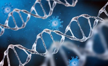 Arkaplanda DNA iplikçikleri olan üç boyutlu bir tıbbi arkaplan oluşturma. DNA molekül yapısı. DNA iplikçiklerinin sarmal yapısı.