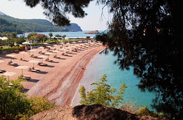 Budva, Karadağ'da deniz kenarında gizlenmiş tatil beldesi ve turkuaz sulara sahip müstahkem ada köyü Sveti Stefan.