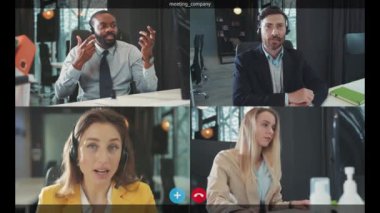 Çevrimiçi şirket Skype konferansı. İş adamlarını dinleyen genç bir kadın çalışan web kameraları hakkında konuşuyor uzaktan eğitim videoları hakkında. İşbirliği.