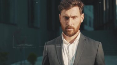 Geleceğe. Yüz tanıma. Finansal Kriz Pandemik Karantina Alanı sırasında, Mutsuz İşadamı Yüzü Koronavirüs Krizi Posteri 'nin Teknolojik Biyometrik Tarama Portresi. Yüz Tanıma.