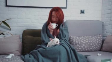 Battaniye altındaki sağlıksız Çinli kız sıcak içecekle ısınıyor ve yavru köpekle kanepede oturuyor. Şirin Chihuahua. Evcil hayvanınla evde kal. Karantina.