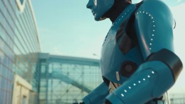 Mutlu çocuk, robot arkadaşını selamlıyor. Ona sarılıyor. Gelecekteki makine zekası yapay insansı bilim robotik dijital sanal kurgu iletişimi.