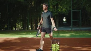 Kadın ve erkek sahada karşılaştılar ve raketler ve toplarla birlikte tenis oynadılar. Genç sporcu bayan sporcu ağır çekimde spor antrenmanı yaptılar.