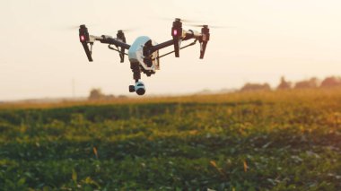 Gökyüzünde uçan akıllı tarım aracı. Kırsal havadan helikopterle tarımsal tarım çiftliği çiftliği arazisi. Çayırlık arazi.