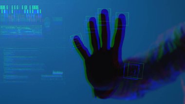 Dijital dünya ve teknoloji. Dijital uygulamalar ve çözümler için. Parmak izi tarayıcısına tıklayan kişi, dijital gelecek tarzında çalıştırılır. Yavaş çekimde. Arri 'ye ateş edildi