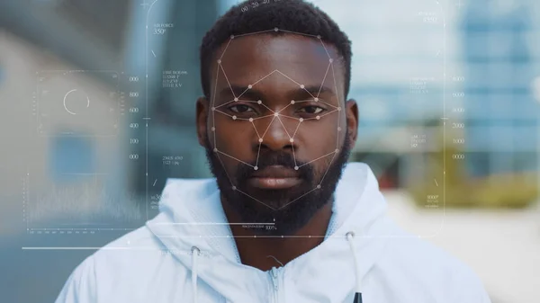 Future. Face Detection. Technological 3d Scanning. Biometric Facial Recognition. Face Id. Technological Scanning of the Face of Handsome Young African American for Facial Recognition. Shoted by Arri