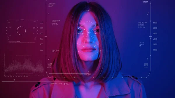 Future. Face Detection. Technological 3d Scanning. Biometric Facial Recognition. Face Id. Technological Scanning Of The Face Of Beautiful Woman. Neon Portrait. Bright Neon Lights. For Facial