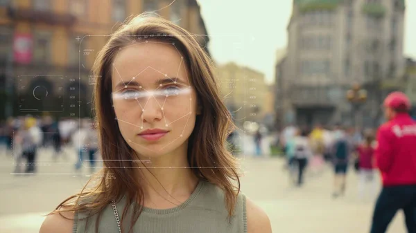 Future. Face Detection. Technological 3d Scanning. Biometric Facial Recognition. Face Id. Technological Scanning Of The Face Of Beautiful Caucasian Woman In The City For Facial Recognition. Shoted By