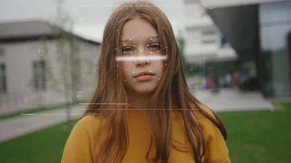 Future. Face Detection. Technological 3d Scanning. Biometric Facial Recognition. Face Id. Technological Scanning Of The Face Of Beautiful Caucasian Child In The Park For Facial Recognition. Shoted By