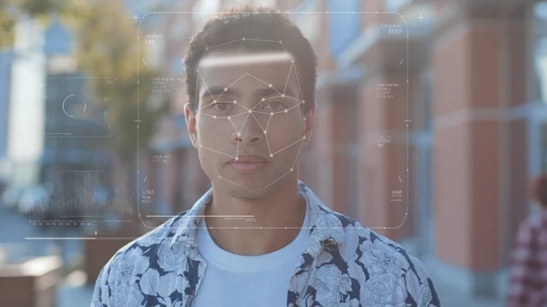Future. Face Detection. Technological 3d Scanning. Biometric Facial Recognition. Face Id. Technological Scanning of the Face of Handsome Young African American for Facial Recognition. Shoted by Arri