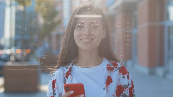 Future. Face Detection. Technological 3d Scanning. Biometric Facial Recognition. Face Id. Technological Scanning Of The Face Of Beautiful Caucasian Girl In The City For Facial Recognition. Shoted By
