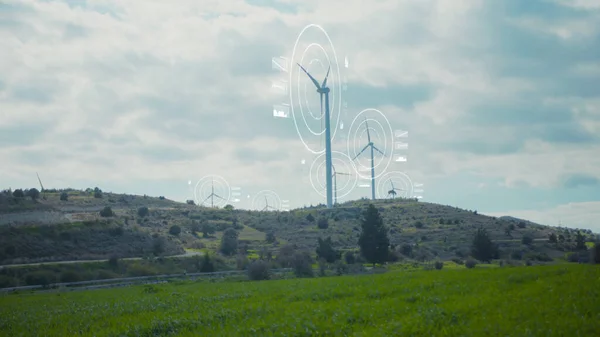 Wind Power. Green Ecology. Windmills with Digitally Holographic Display. Turbines Visualization. Renewable Energy. Production. Wind Energy with Animation Graphics. Alternative Energy.