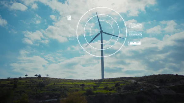 Wind Power. Green Ecology. Windmills with Digitally Holographic Display. Turbines Visualization. Renewable Energy. Production. Wind Energy with Animation Graphics. Alternative Energy.