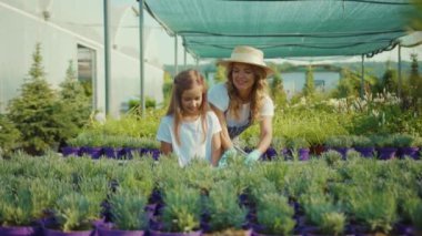 Yavaş çekim şapkalı genç anne ve kız yaz yeşili ailede bahçe köyüne çiçek ekerler kız çocuk eğlence evi anne doğa doğa