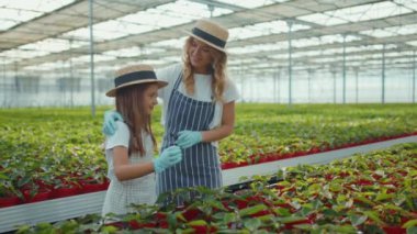 Anne çiçekli genç kız portresi. Yaz yeşili ailede serada sarılan kamera tebessümüne bakın. Kız çocuk yuvası.