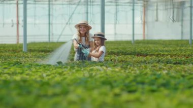 Genç anne ve kızı bitkileri suyla ilaçlıyor birlikte sera tarımında çalışıyor eğlenceli çiçek yetiştirme hobisi konuşuyor yavaş çekim yakın çekim
