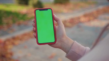 NEW YORK - 5 Nisan 2019: Güneşli bir günde elinde yeşil ekran ile dikey telefon tutan eller internet teknolojisi akıllı telefon krom anahtar mesaj cep telefonunu araklıyor