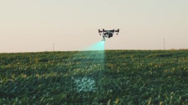 Uçan Akıllı Tarım İHA 'sı. Yapay Zeka. Drone Tarama Tarım Çiftliği. Tarım İnovasyonu. Tarım Alanı Endüstrisi. Alanı analiz et. Profesyonel Araç Uçağı.