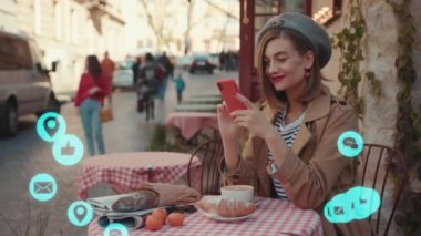 NEW YORK - 5 Mart 2020: Kafede oturan kırmızı rujlu şık kadın telefon beyaz animasyonu yüksek teknoloji internet ağ aygıtı çevrimiçi depolama ikonu ağ bağlantısı sanal
