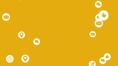 Simgelerle sarı arkaplan canlandırma arayüzü ve dijital ağ iletişim topluluğu dijital internet sosyal büyüme tasarım grafikleri sembolü