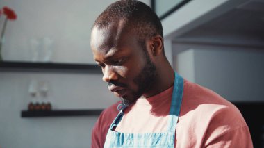 Modern mutfakta mavi yemek önlüğü giymiş, ciddi bir Afro-Amerikan erkeği duruyor. Yüz portresi. Yakışıklılar. Daire. Kapalı.