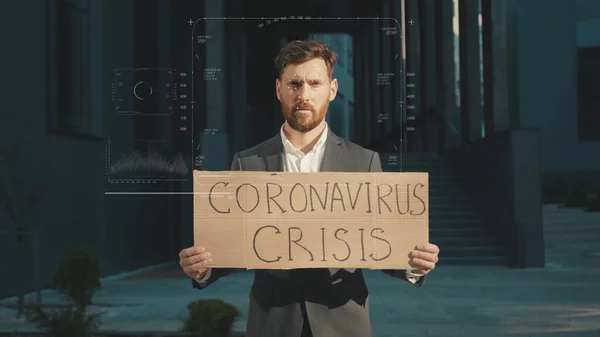 Future. Face ID. Technological Biometric Scanning Portrait of Fired Unhappy Businessman Face Holding Coronavirus Crisis Poster during Financial Crisis Pandemic Quarantine Outdoors. Facial Recognition.