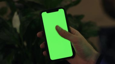 Los Angeles, California 15 03 03 2019 EDITORIAL: Bulanık ev çiçeği arka planında yeşil ekran akıllı telefon tutan erkeğin yakın görüntüsü. İç mekan için dekoratif şeyler, aletler ve