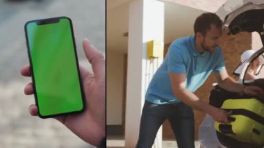 NEW YORK - 5 Nisan 2018: animasyon, logo, son çekim. Çoklu ekran görüntüler, sol taraf - el adam yeşil ekran ile telefon kullanın sokak, sağ taraf - aile bavulları içine katlar