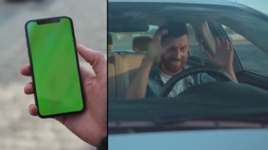 NEW YORK - 5 Nisan 2018: animasyon, logo, son çekim. Çoklu ekran görüntüler, sol taraf - el adam telefon yeşil dikey ekran, sağ taraf - üzgün genç adam direksiyon başında oturur