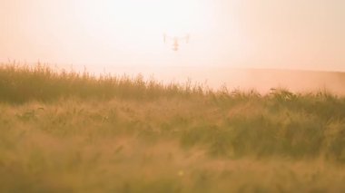Uçan tarımsal dronun güzel manzarası. Gökyüzünde güneş ışığı kırsal hava helikopterinde. Erkek kontrolü. Çiftlik arazisi. Hasat et. Yenilik. Yeni teknoloji. Bitki örtüsü. Yavaş çekim