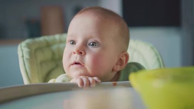 Çok fonksiyonlu bebek koltuğunda sabahları oturan şirin bir bebek görüntüsü. Meraklı bir bebeğin portresi mutfağa bakıyor. Duygu. Gündüz vakti, içeride.