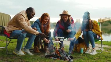 Hippiler kamp ateşinin etrafında oturur ve renkli şekerlemeleri kızartırlar. Ormandaki gençler. Kamp yapmak. Piknik. Yavaş çekim