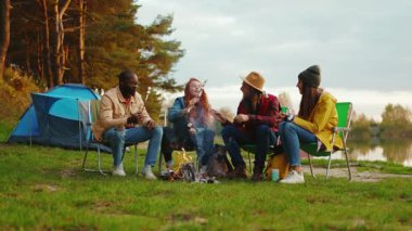 Bir grup arkadaş kamp ateşi etrafında oturur ve marşmelov kızartırlar. Ormandaki gençler. Kamp yapmak. Piknik. Yavaş çekim