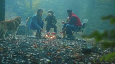 Köpekli şirin bir aile, sonbahar akşamı ormanda kamp ateşinin etrafında oturur. Ormandaki bir yangında sosis kızartmak. Arkadaşlık şömineyi pişirir. Kapatın. Yavaş çekim