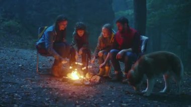 Aile sonbahar akşamı bir kamp ateşinin etrafında oturur. Ormanda ateşte marşmelov kızartıyorum. Sohbet şenlik ateşi turizm dostluk gecesi. Yavaş çekim